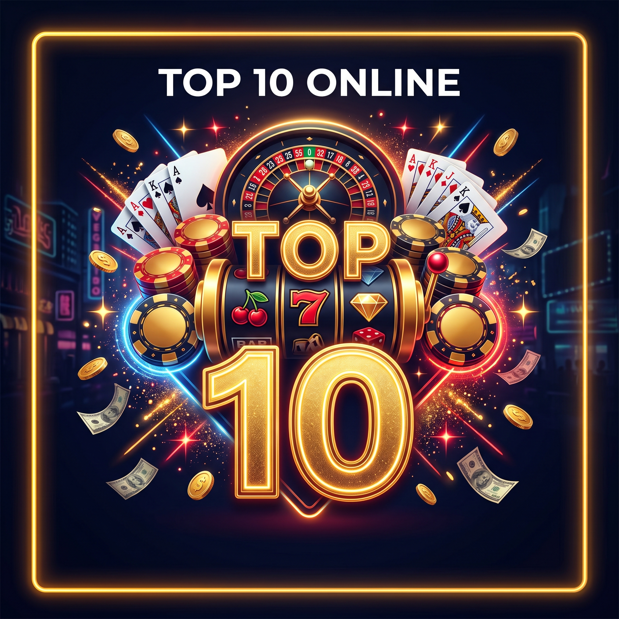 Casino tables, cards and chips arranged around a glowing top ten mark.